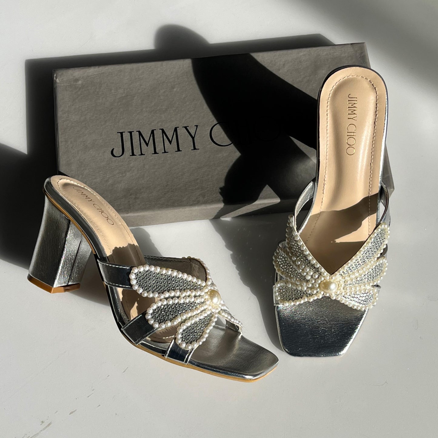 J-I-M-M-Y C-H-O-O Pearl Heels – Elegant Women Footwear (Silver)