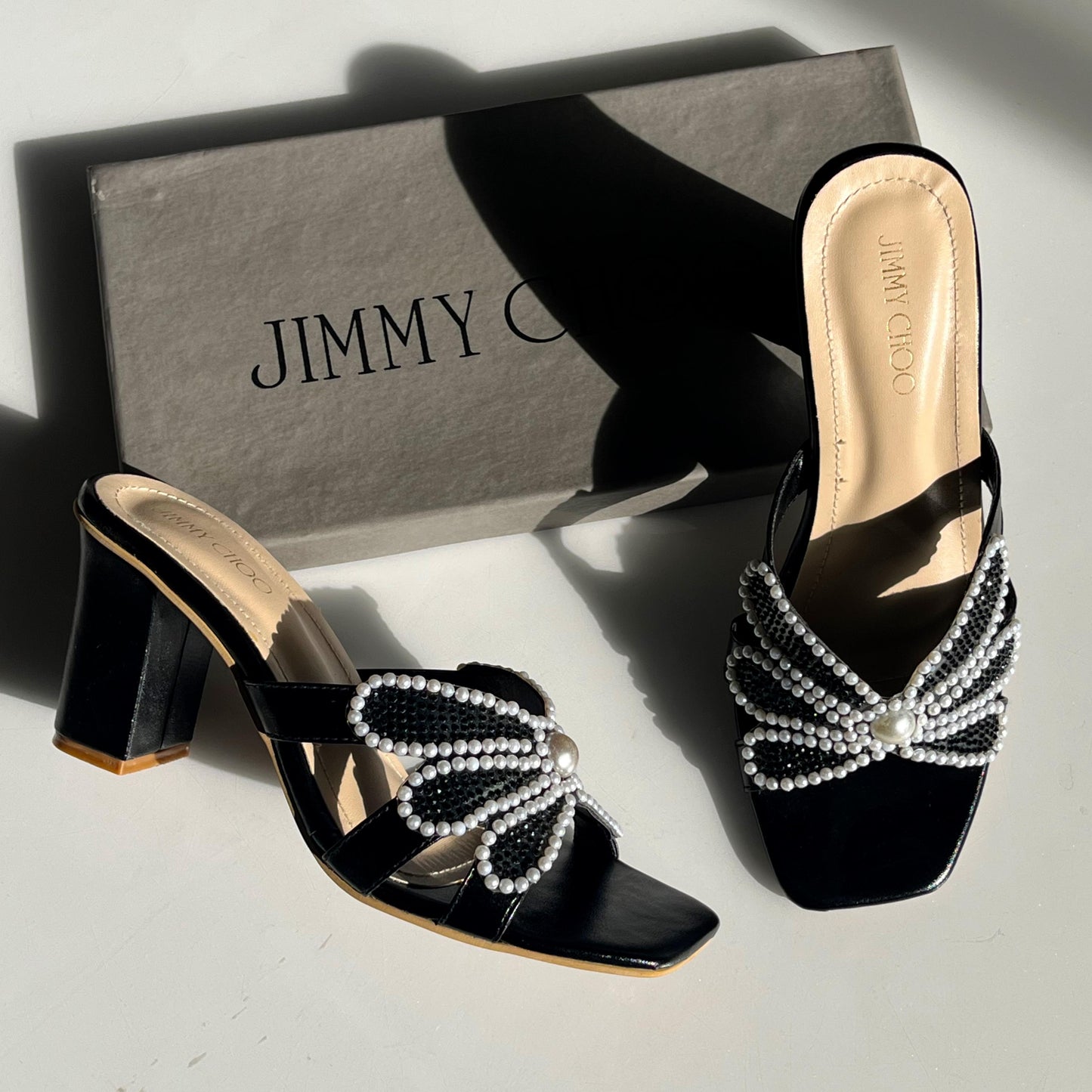 J-I-M-M-Y C-H-O-O Pearl Heels – Elegant Women Footwear (Black)