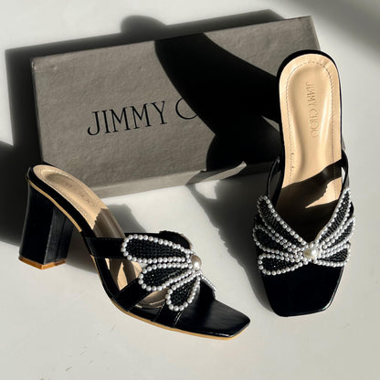 J-I-M-M-Y C-H-O-O Pearl Heels – Elegant Women Footwear (Black)