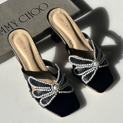 J-I-M-M-Y C-H-O-O Pearl Heels – Elegant Women Footwear (Black)
