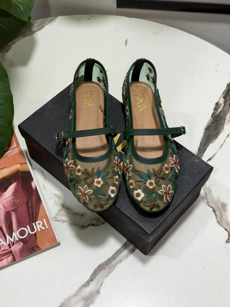 Z-A-R-A Net Pearl Embroidered Flats – Elegant Women Footwear (Green/Beige)