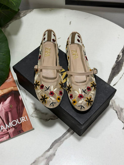 Z-A-R-A Net Pearl Embroidered Flats – Elegant Women Footwear (Cream/Beige)