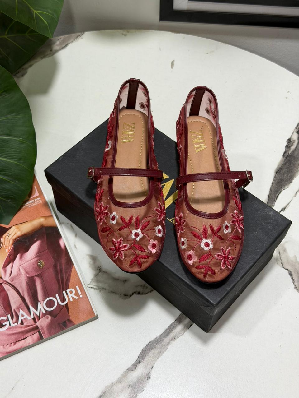 Z-A-R-A Net Pearl Embroidered Flats – Elegant Women Footwear (Red/White)