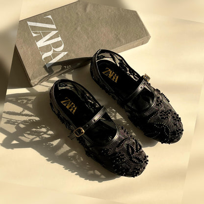 Z-A-R-A Net Pearl Embroidered Flats – Elegant Women Footwear (Black)