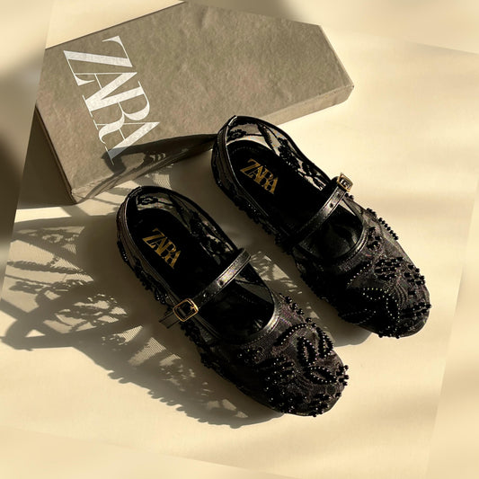 Z-A-R-A Net Pearl Embroidered Flats – Elegant Women Footwear (Black)