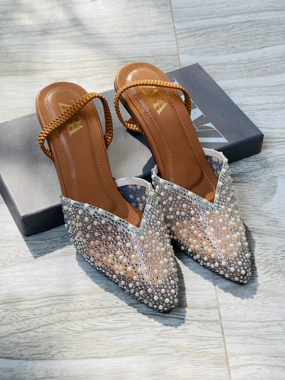 Z-A-R-A Pearl Heels – Elegant Women Footwear (Silver/Brown)