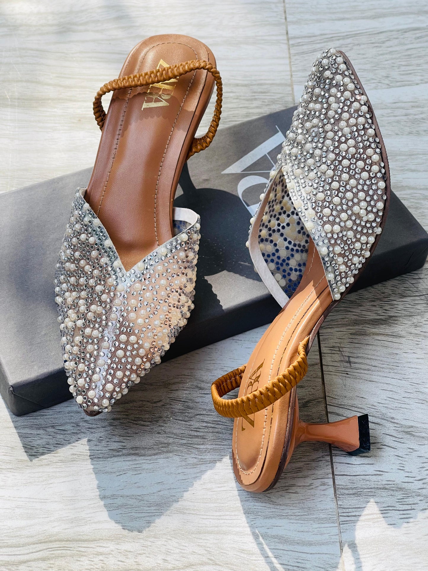 Z-A-R-A Pearl Heels – Elegant Women Footwear (Silver/Brown)
