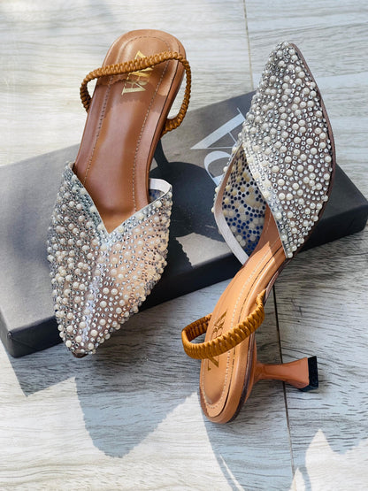 Z-A-R-A Pearl Heels – Elegant Women Footwear (Silver/Brown)