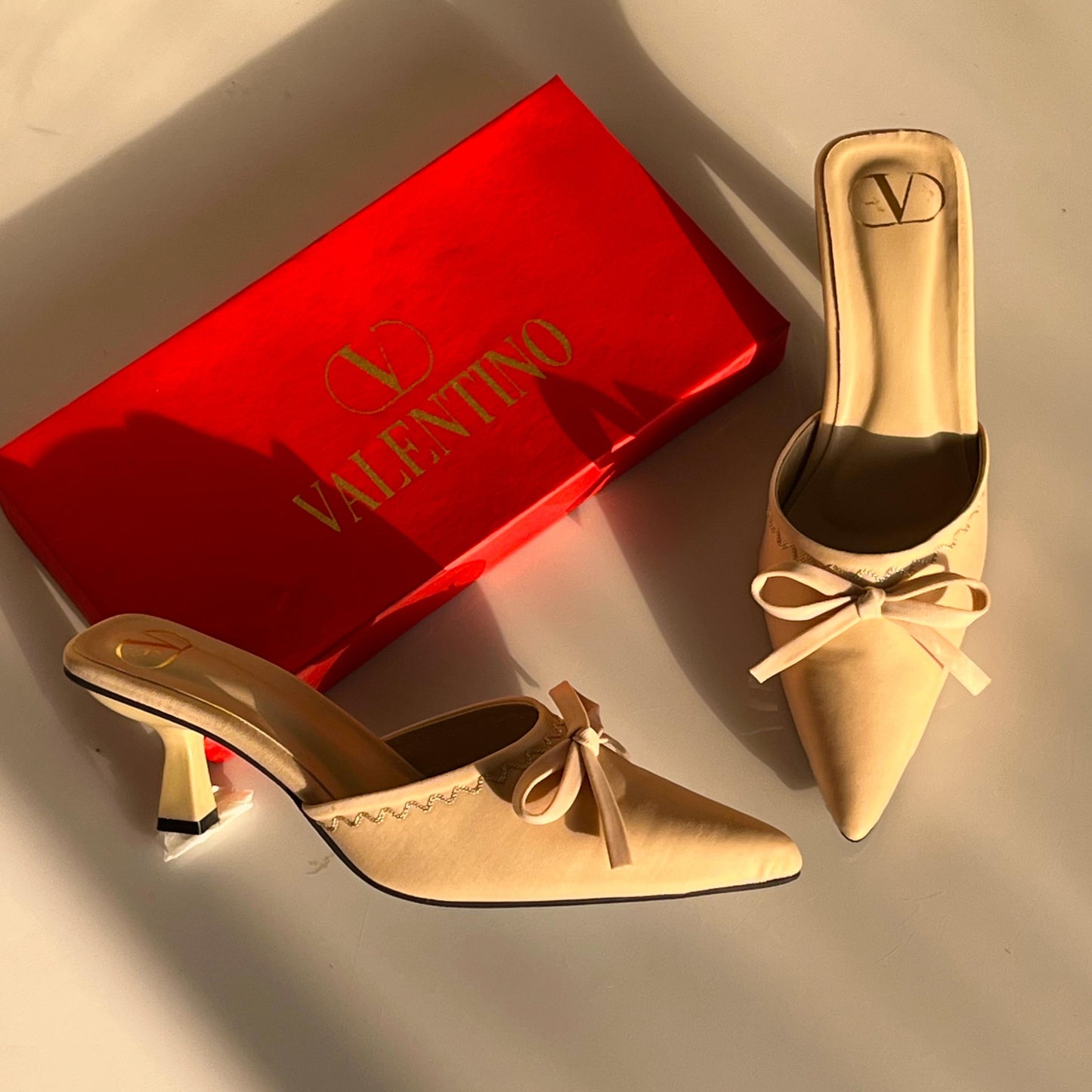 V-A-L-E-N-T-I-N-O Signature Heels – Chic Elevated Women Footwear (Cream)