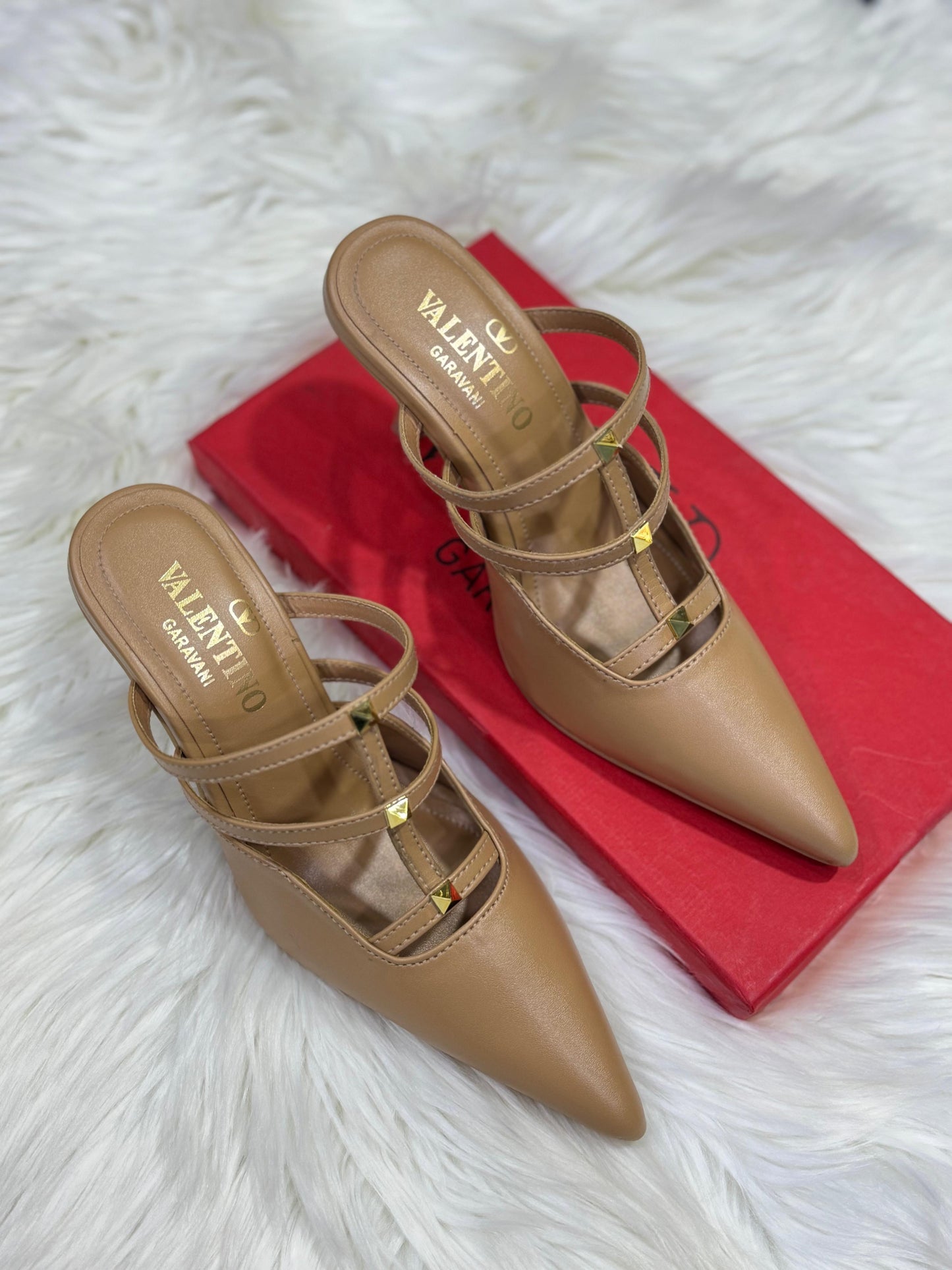 V-A-L-E-N-T-I-N-O Dual Tone Heels – Statement Women Footwear (Beige)