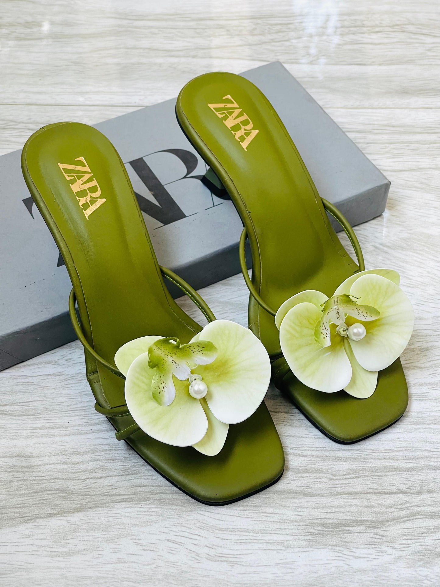 Z-A-R-A Floral Heels – Bloom Style Women Footwear (Green)