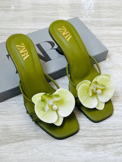 Z-A-R-A Floral Heels – Bloom Style Women Footwear (Green)