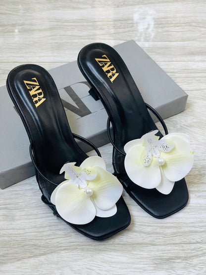 Z-A-R-A Floral Heels – Bloom Style Women Footwear (Black)