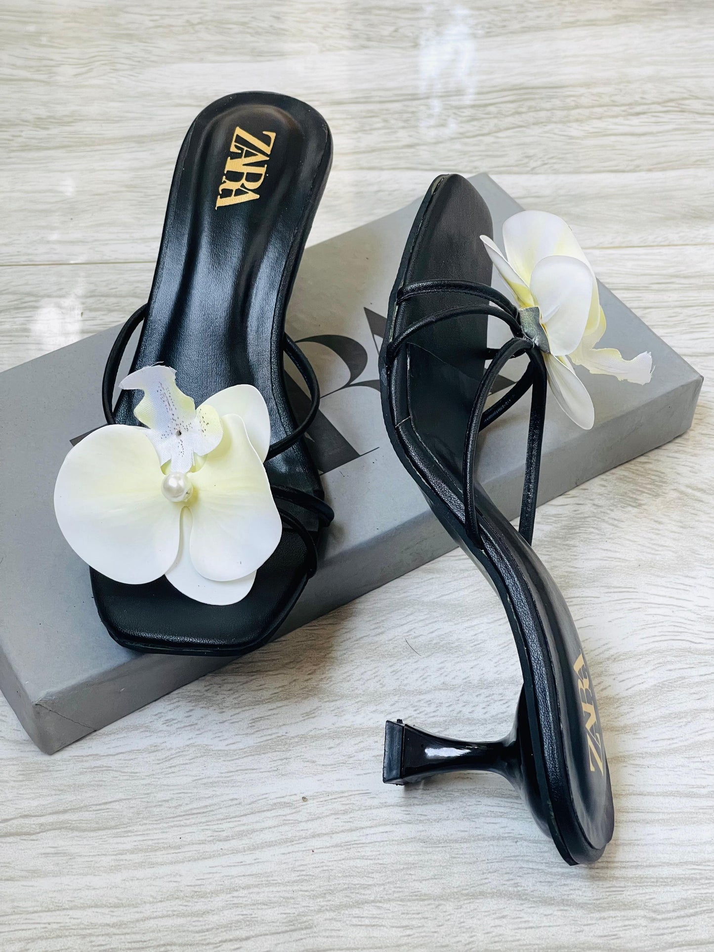 Z-A-R-A Floral Heels – Bloom Style Women Footwear (Black)