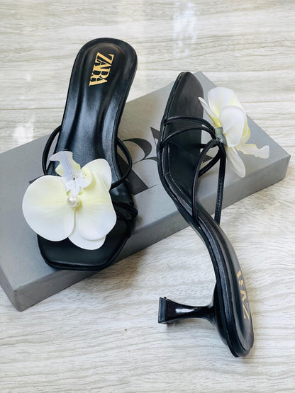 Z-A-R-A Floral Heels – Bloom Style Women Footwear (Black)