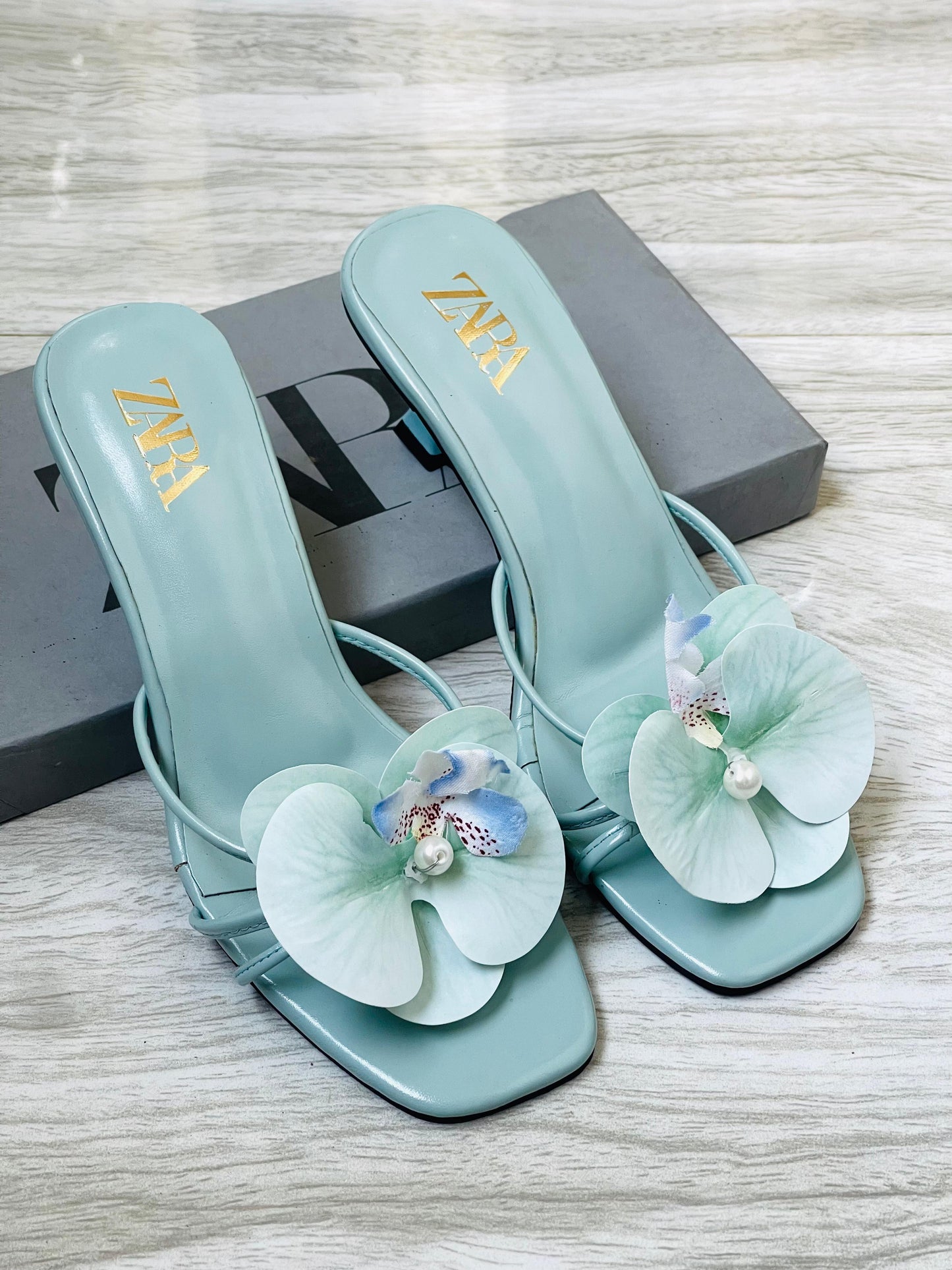 Z-A-R-A Floral Heels – Bloom Style Women Footwear (Sea-Green)