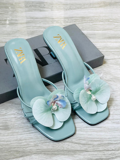 Z-A-R-A Floral Heels – Bloom Style Women Footwear (Sea-Green)