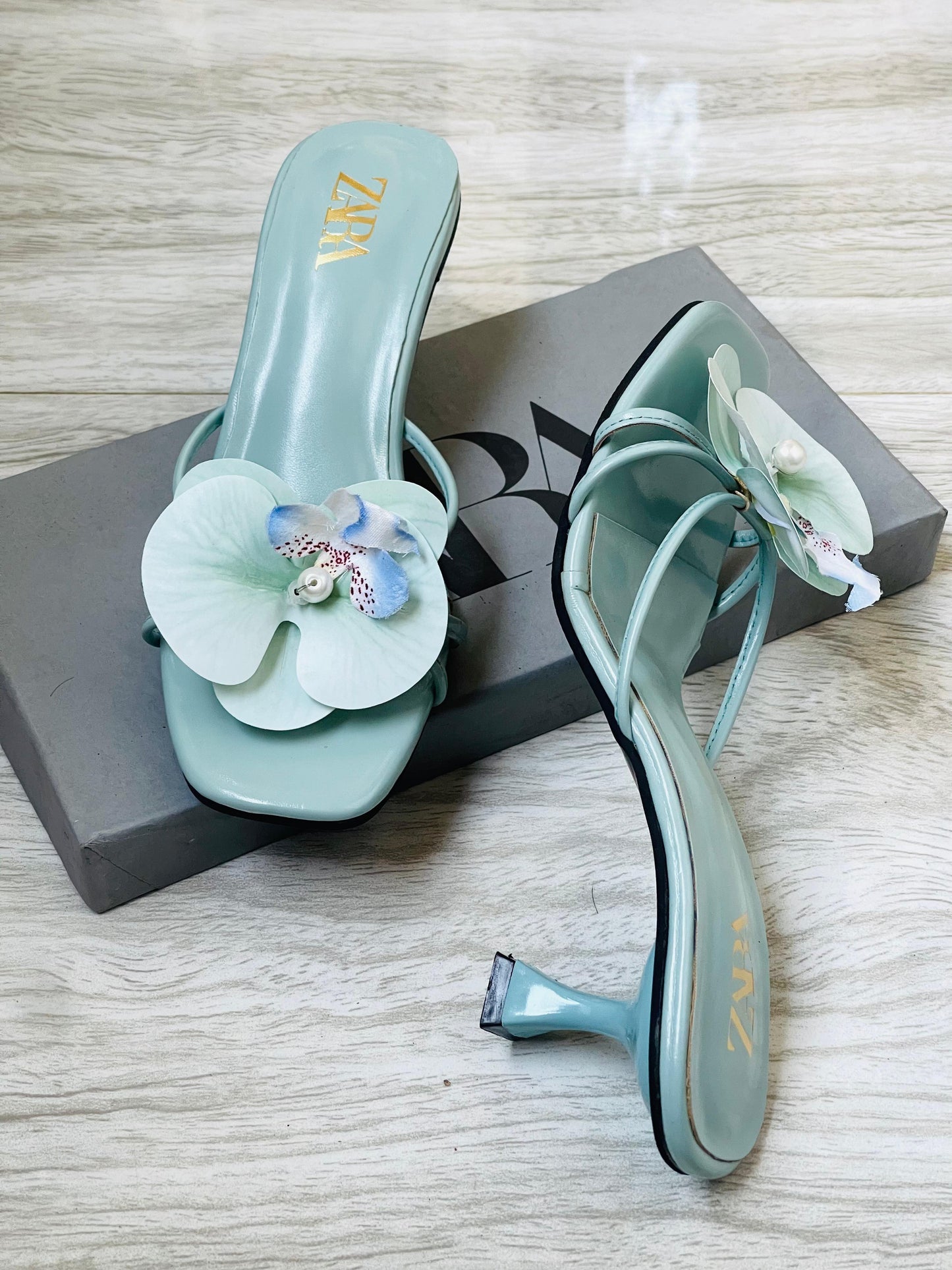 Z-A-R-A Floral Heels – Bloom Style Women Footwear (Sea-Green)