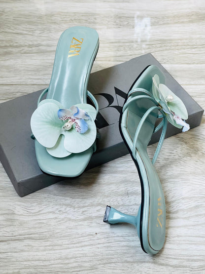 Z-A-R-A Floral Heels – Bloom Style Women Footwear (Sea-Green)