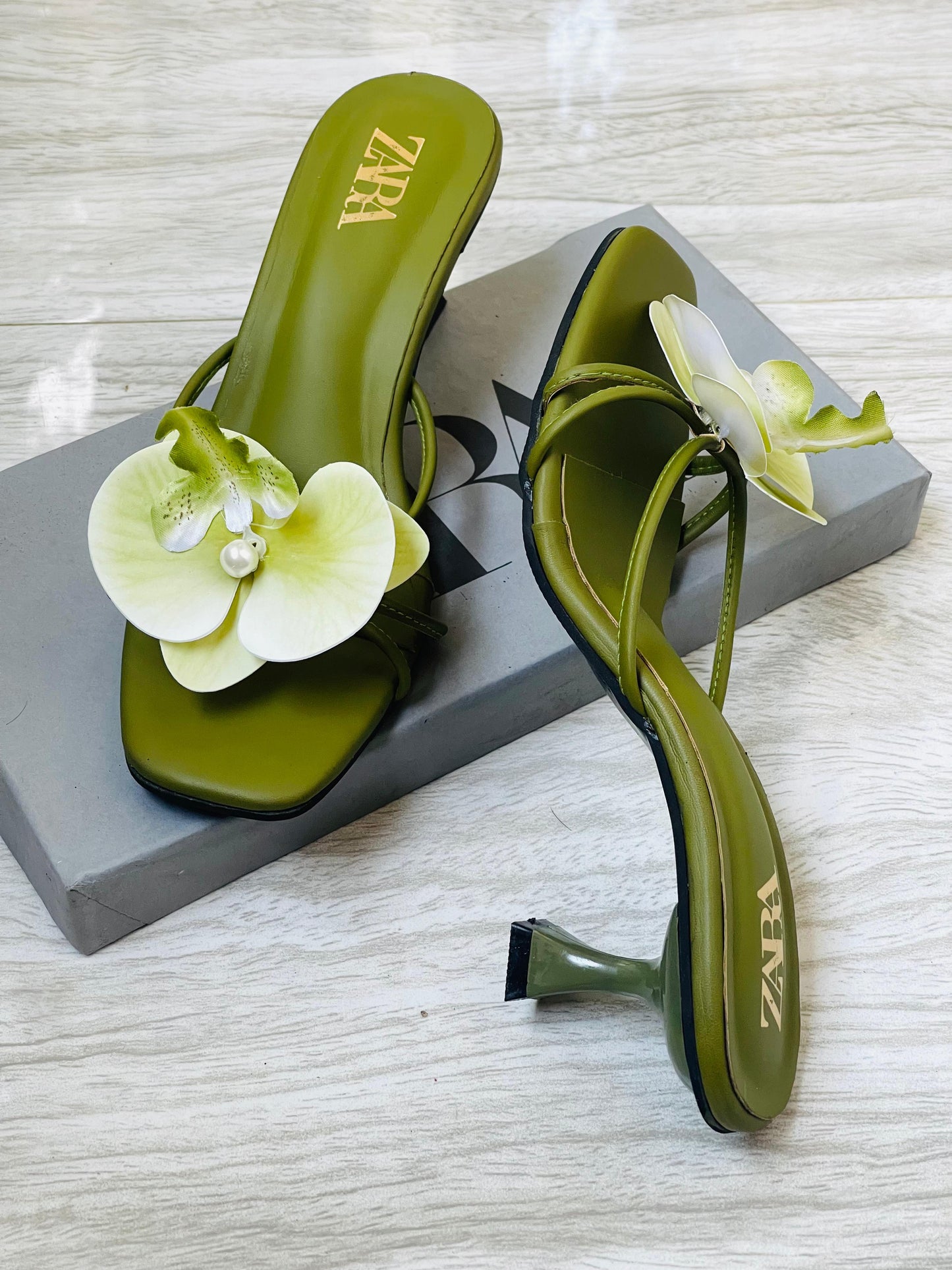 Z-A-R-A Floral Heels – Bloom Style Women Footwear (Green)