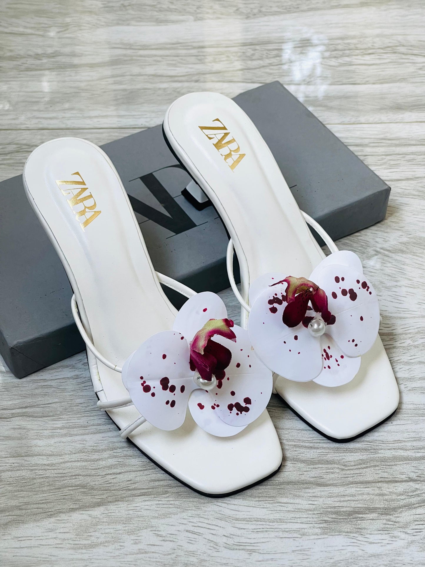 Z-A-R-A Floral Heels – Bloom Style Women Footwear (White)
