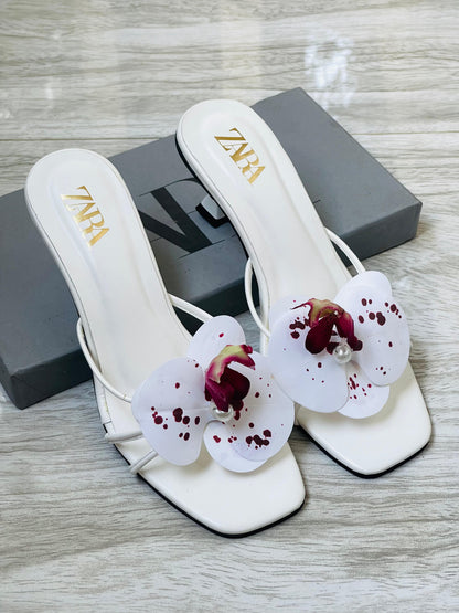Z-A-R-A Floral Heels – Bloom Style Women Footwear (White)
