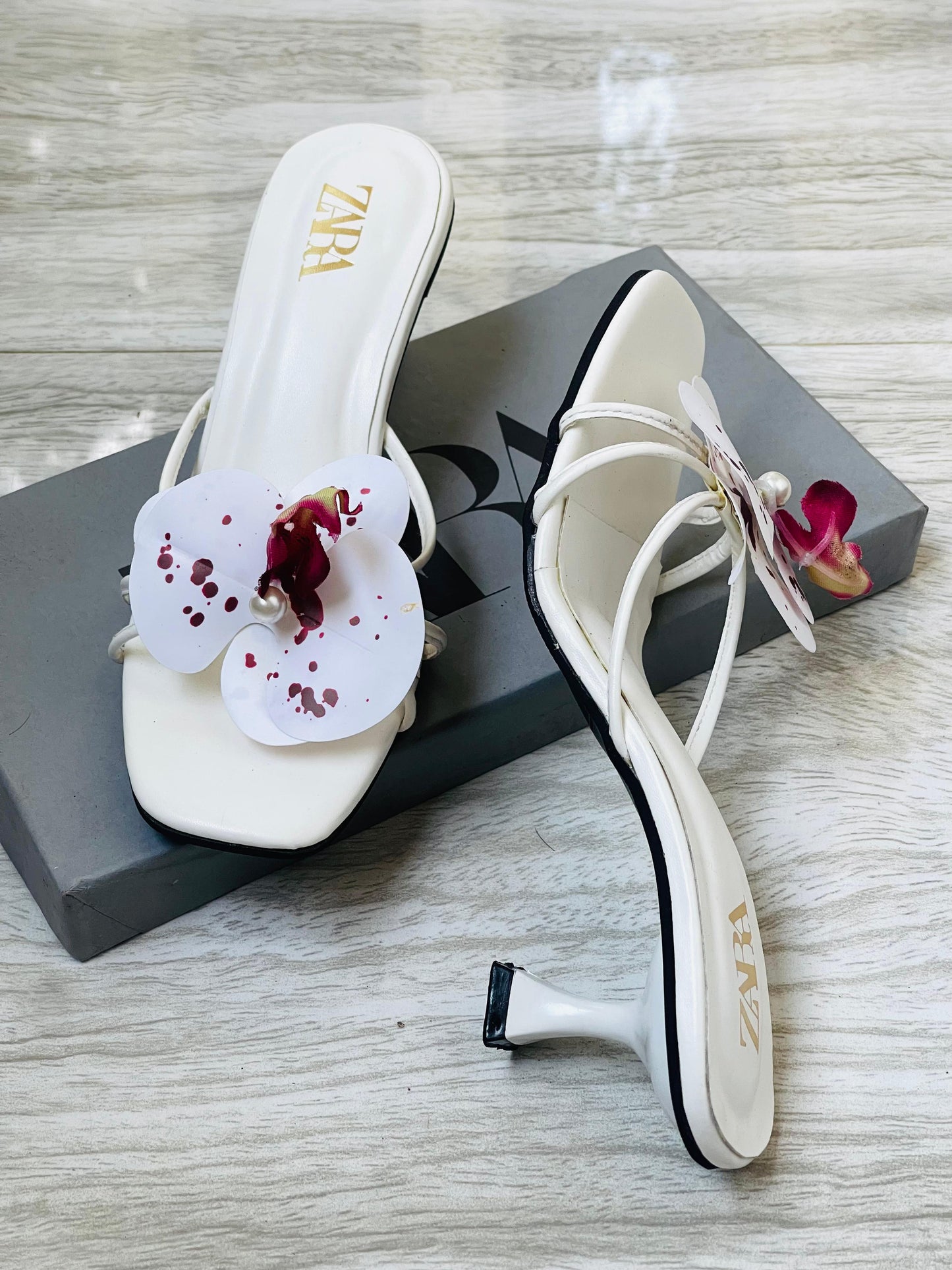Z-A-R-A Floral Heels – Bloom Style Women Footwear (White)