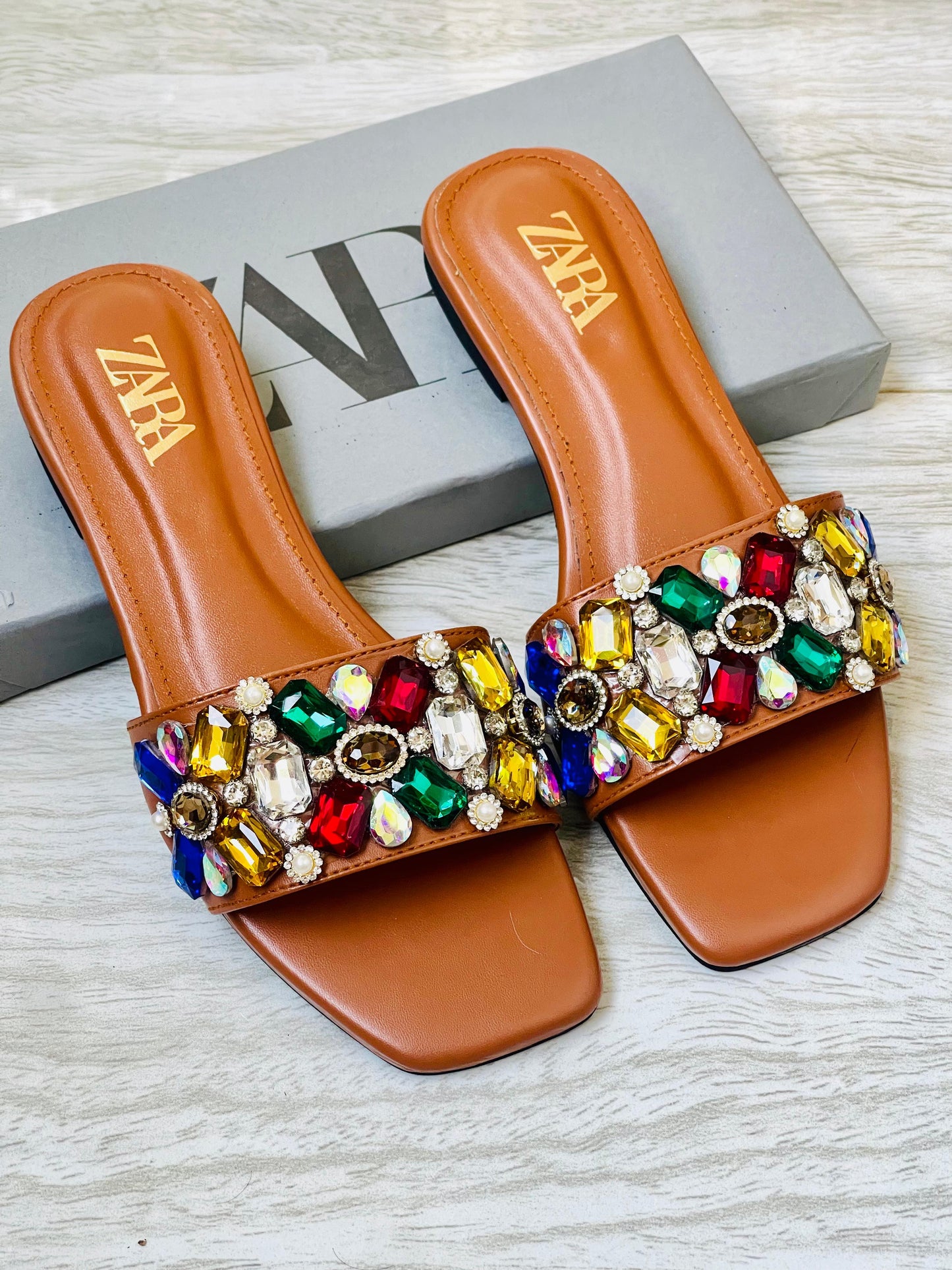 Z-A-R-A Stones Bunch Flats – Sparkle Comfort Women Footwear (Brown)
