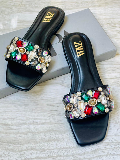Z-A-R-A Stones Bunch Flats – Sparkle Comfort Women Footwear (Black)
