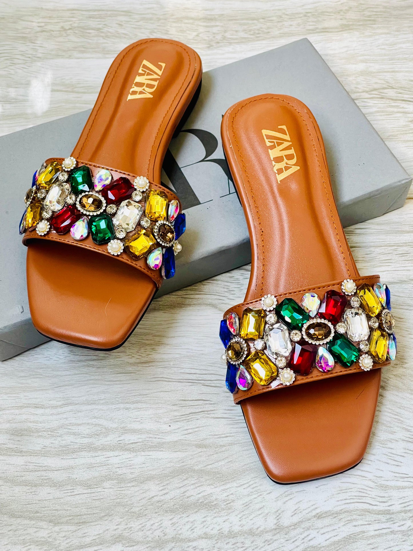 Z-A-R-A Stones Bunch Flats – Sparkle Comfort Women Footwear (Brown)