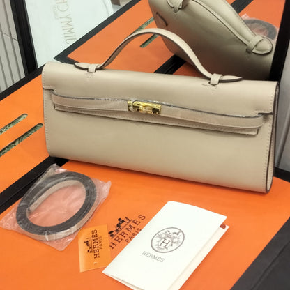 H-E-R-M-È-S Kelly Cut Clutch – Elite Evening Women Bag (Cream/Beige)