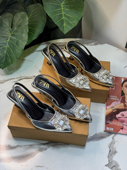 Z-A-R-A Rhinestone Buckle Kitten Heels – Glam Step Women Footwear (Silver)