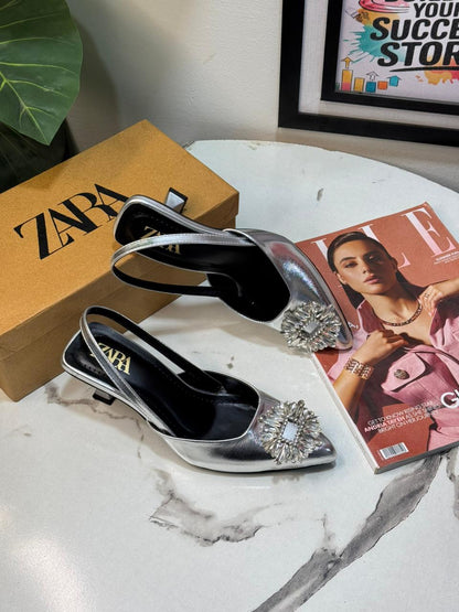Z-A-R-A Rhinestone Buckle Kitten Heels – Glam Step Women Footwear (Silver)