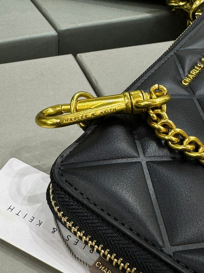 C-H-A-R-L-E-S & K-E-I-T-H Swing Quilted Zip Key Pouch – Travel Smart Women Bag (Black/Gold)