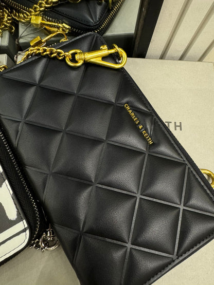 C-H-A-R-L-E-S & K-E-I-T-H Swing Quilted Zip Key Pouch – Travel Smart Women Bag (Black/Gold)