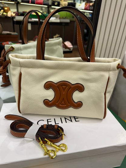 C-E-L-I-N-E Small Cabas Drawstring – Triomphe Carry Women Bag (White/Brown)