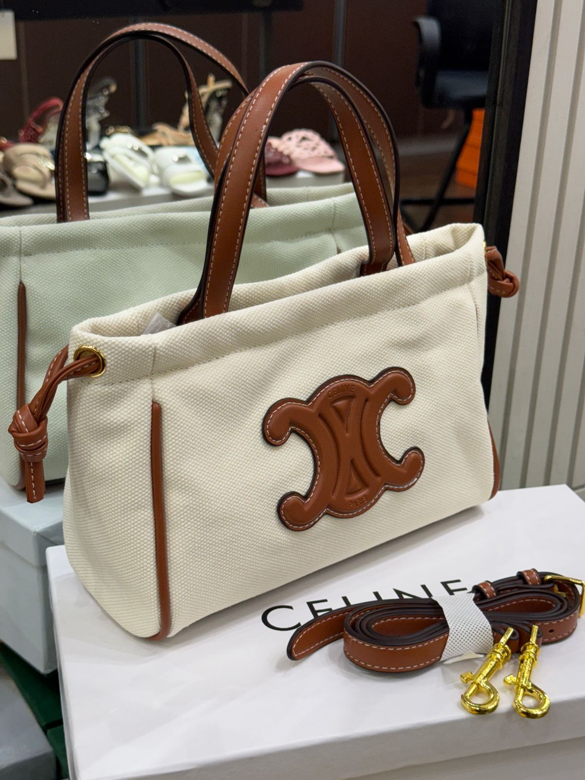 C-E-L-I-N-E Small Cabas Drawstring – Triomphe Carry Women Bag (White/Brown)