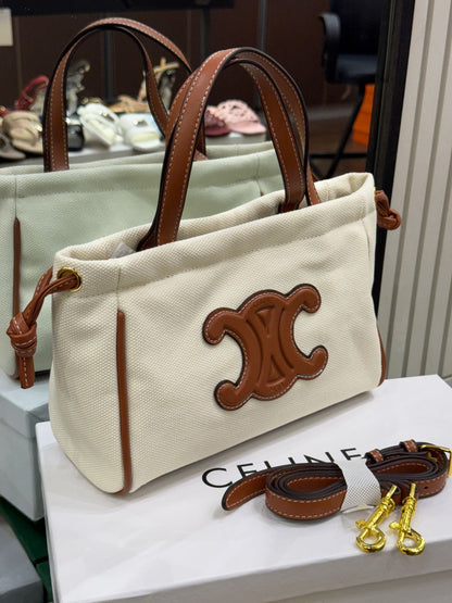 C-E-L-I-N-E Small Cabas Drawstring – Triomphe Carry Women Bag (White/Brown)
