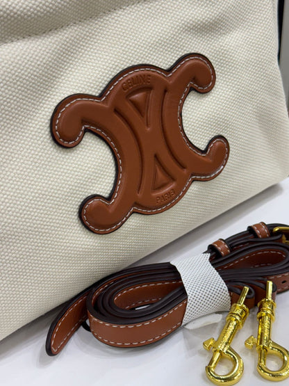 C-E-L-I-N-E Small Cabas Drawstring – Triomphe Carry Women Bag (White/Brown)