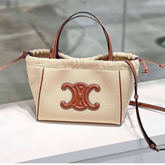 C-E-L-I-N-E Small Cabas Drawstring – Triomphe Carry Women Bag (White/Brown)