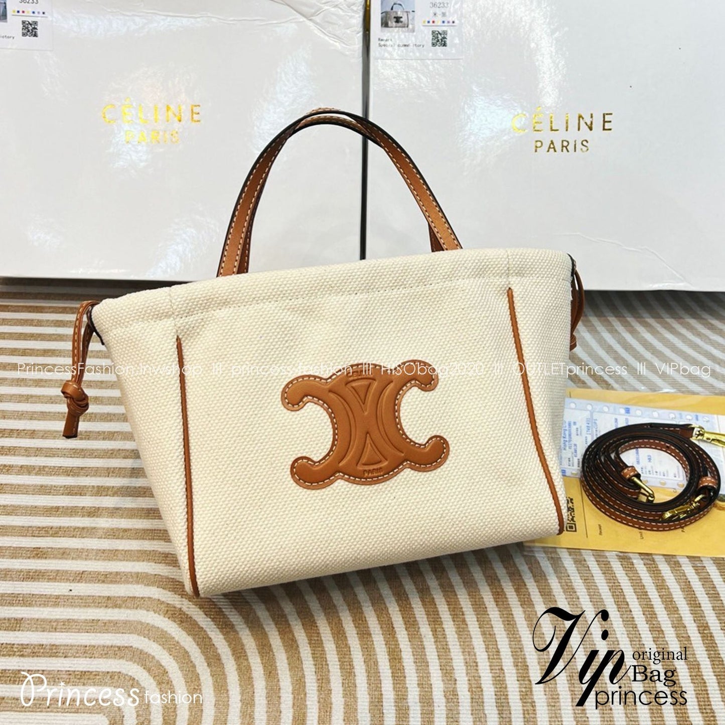 C-E-L-I-N-E Small Cabas Drawstring – Triomphe Carry Women Bag (White/Brown)