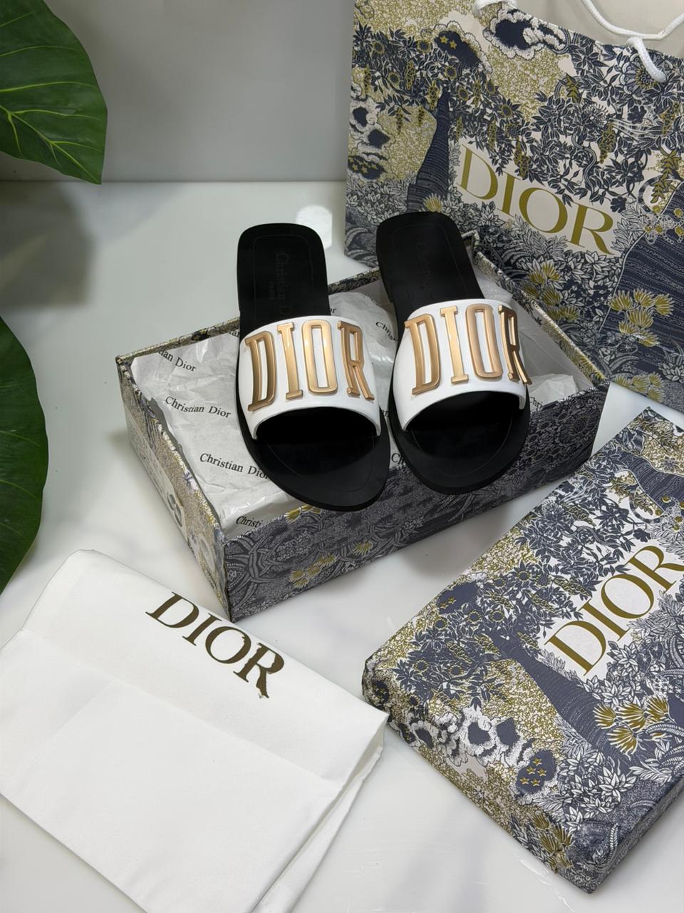 C-H-R-I-S-T-I-A-N D-I-O-R Logo Slides – Comfort Women Footwear (White/Gold)