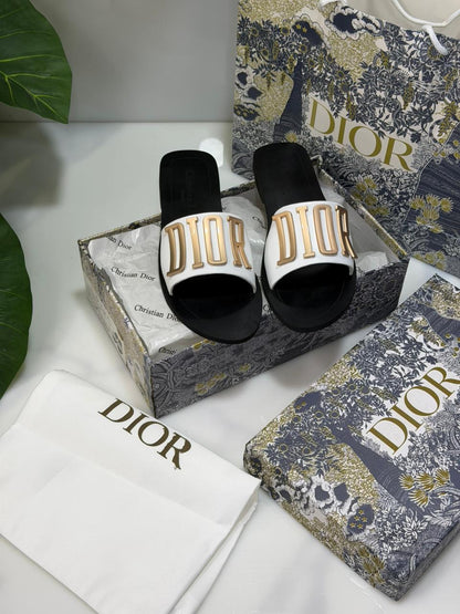 C-H-R-I-S-T-I-A-N D-I-O-R Logo Slides – Comfort Women Footwear (White/Gold)