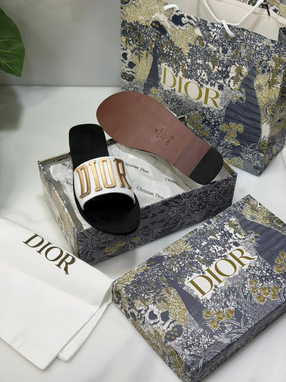 C-H-R-I-S-T-I-A-N D-I-O-R Logo Slides – Comfort Women Footwear (White/Gold)