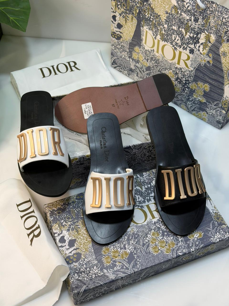 C-H-R-I-S-T-I-A-N D-I-O-R Logo Slides – Comfort Women Footwear (Black/Gold)