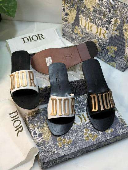 C-H-R-I-S-T-I-A-N D-I-O-R Logo Slides – Comfort Women Footwear (Black/Gold)