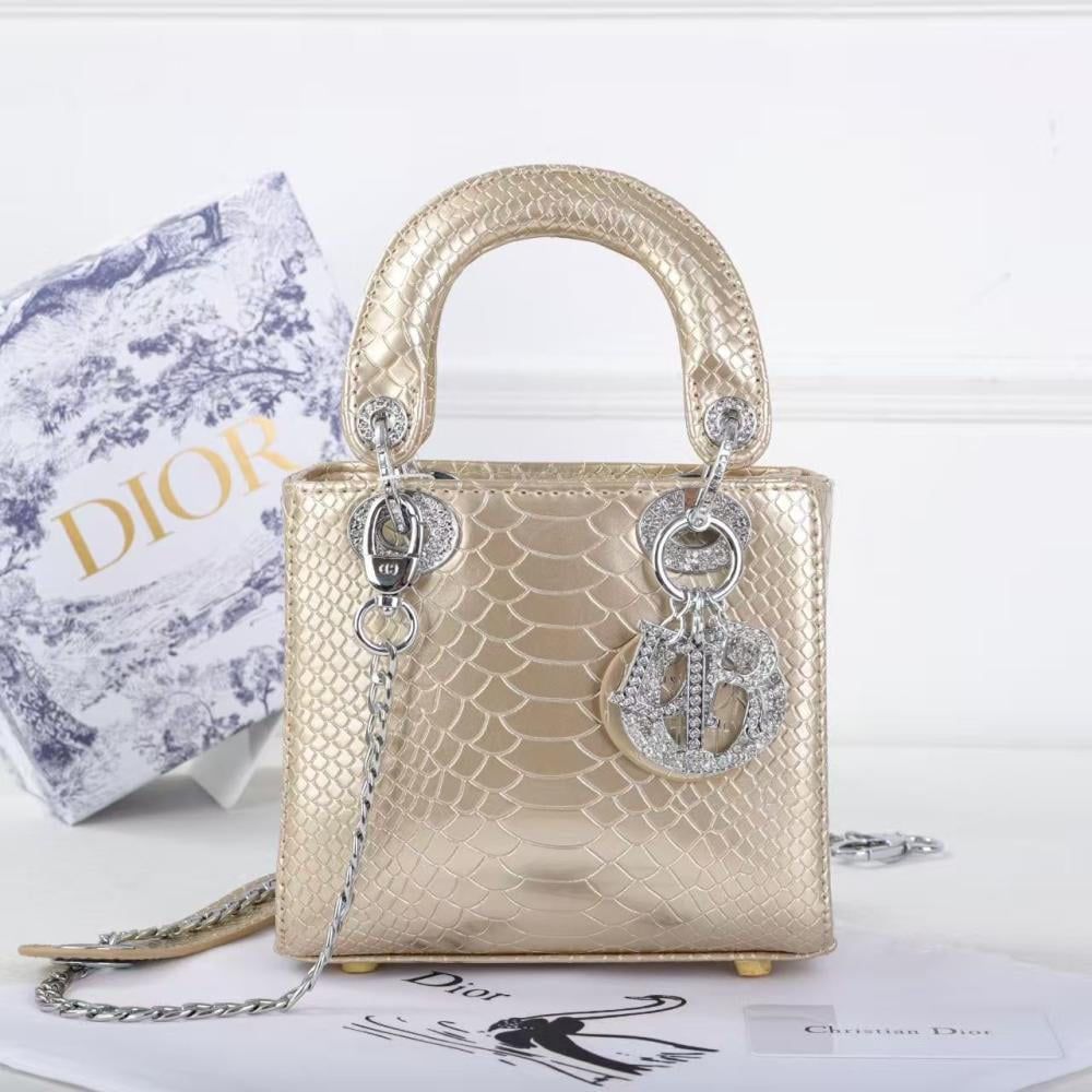 C-H-R-I-S-T-I-A-N D-I-O-R Mini Lady Dior – Crystal Charm Women Bag (Gold)