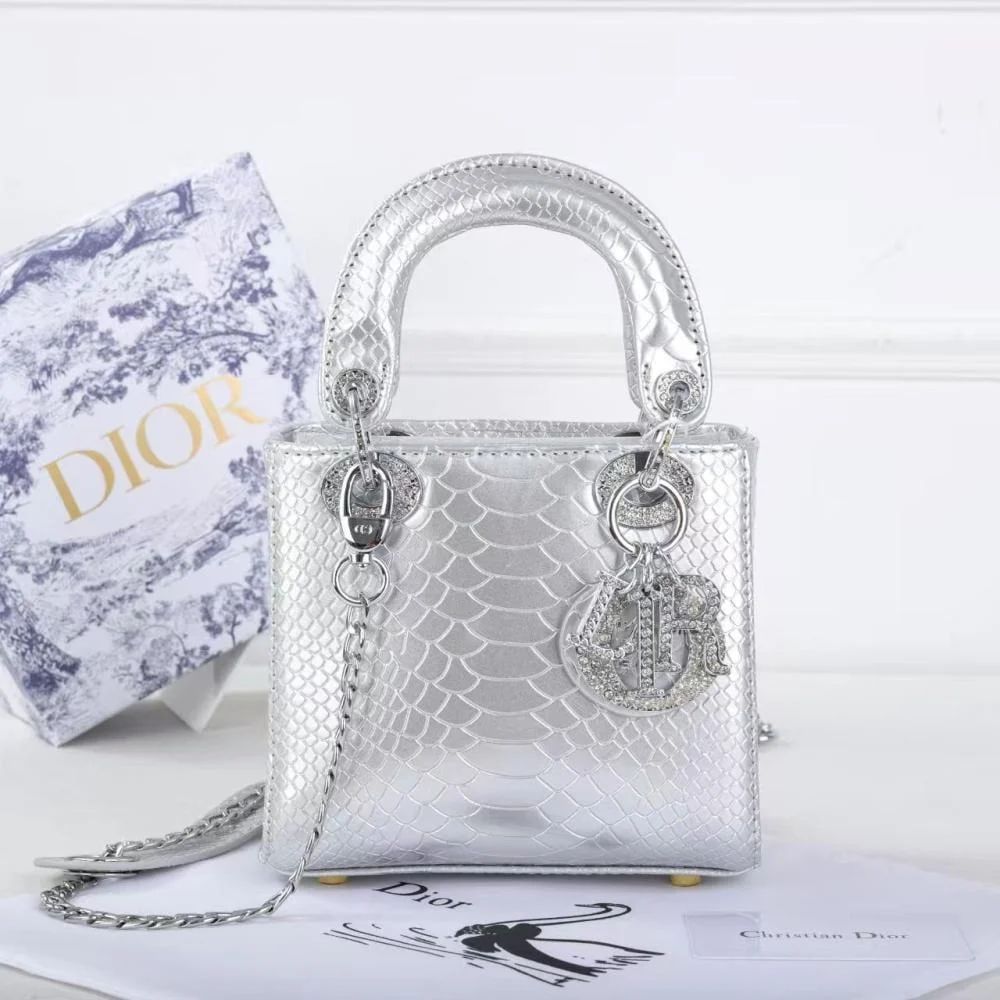 C-H-R-I-S-T-I-A-N D-I-O-R Mini Lady Dior – Crystal Charm Women Bag (Silver)