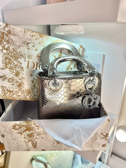 C-H-R-I-S-T-I-A-N D-I-O-R Mini Lady Dior – Crystal Charm Women Bag (Silver)