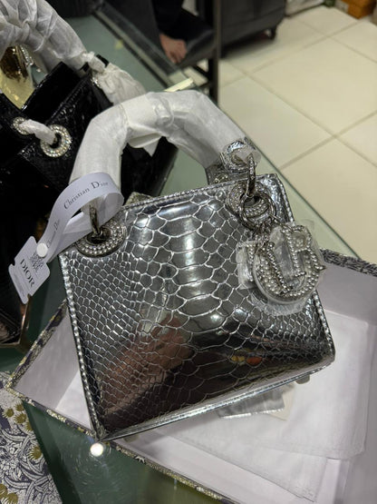 C-H-R-I-S-T-I-A-N D-I-O-R Mini Lady Dior – Crystal Charm Women Bag (Silver)
